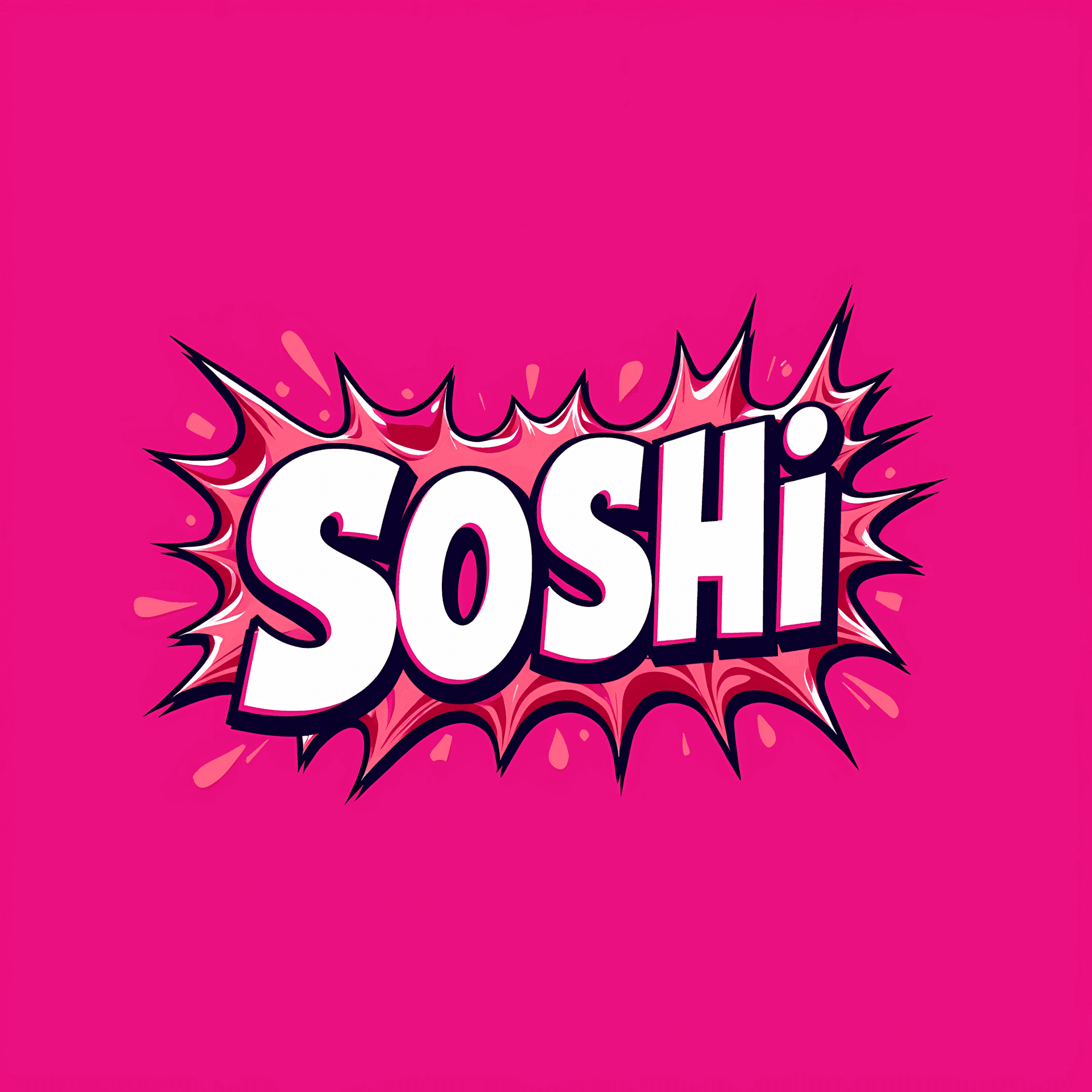 Comic-style text 'SOSHi' with a pink splash background.